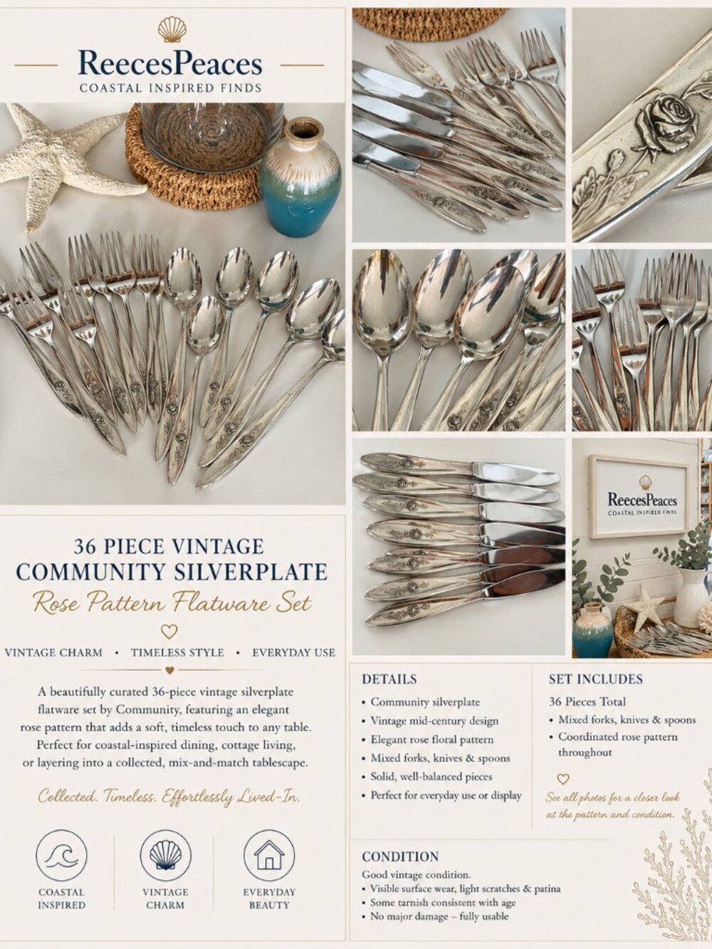 36pc Vintage Community Silverplate Flatware Set Rose Pattern